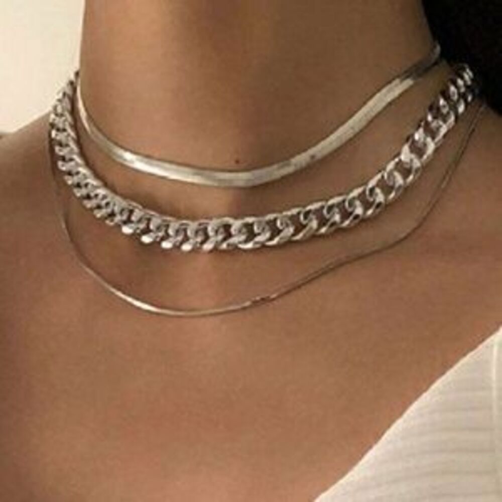 Silver or Gold Tone Chunky Chain Multilayer Necklace - Picture 1 of 5